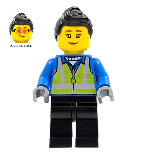 LEGO Minifigure - Woman, Safety Vest, Black Hair, Blue Jacket (2022) [CITY]