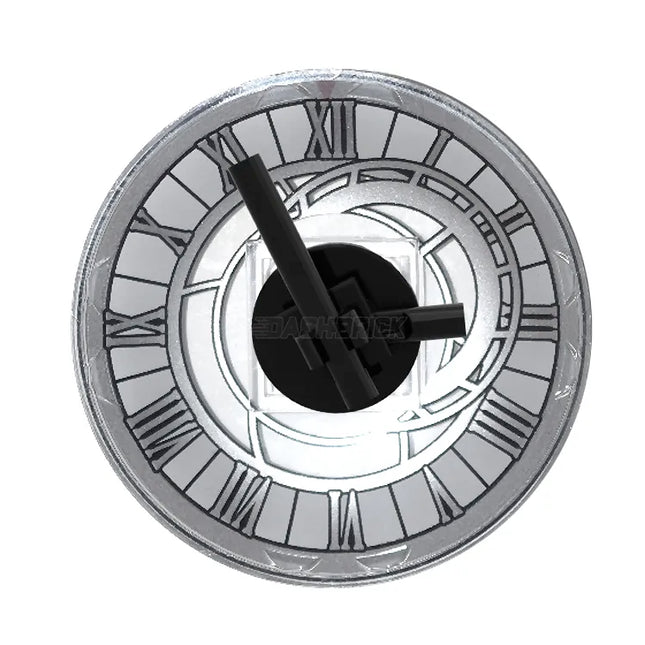 LEGO "Large Clock" - 6 x 6, Silver Details, Roman Numerals, Black Hands [MiniMOC]