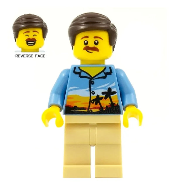 LEGO Minifigure - Male Parent, Palm Tree Shirt, Moustache, Dark Brown Smooth Hair [CITY]