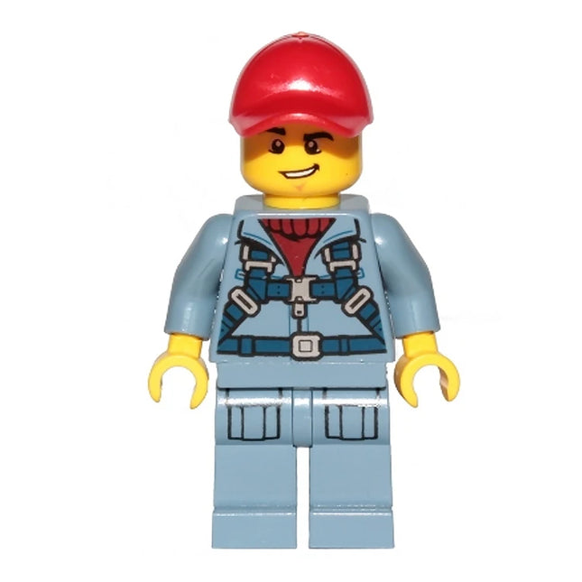 LEGO Minifigure - Male, Harness, Sand Blue Legs with Pockets, Red Cap, Lopsided Grin (2020) [CITY]