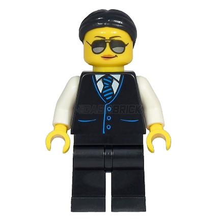 LEGO Minifigure - Female, Limousine Driver, Black Vest, Blue Tie, Sunglasses (2020) [CITY]
