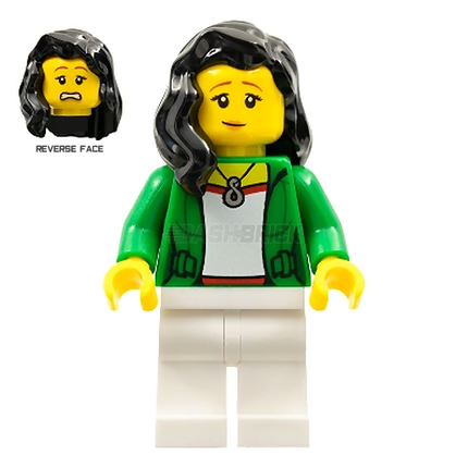 LEGO Minifigure - Female, "Fei" Green Jacket, Long Black Hair (2021) [MONKIE KID]