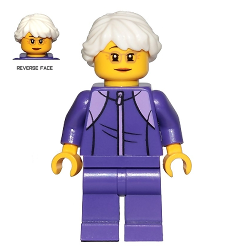 LEGO Minifigure - Female, Grandma/Grandmother, Dark Purple Tracksuit, White Hair (2019) [CITY]