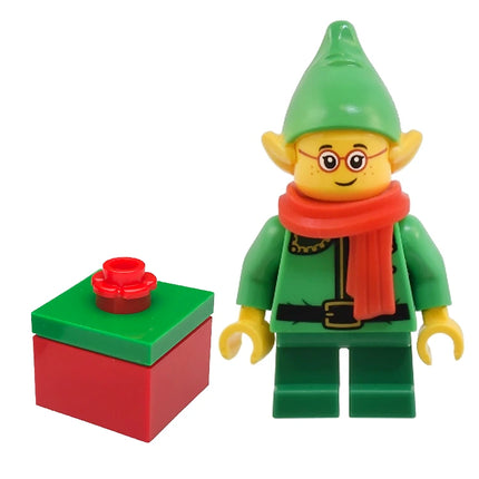 LEGO Minifigure - Elf - Dark Green Collar and Gold Horn, Red Scarf, Glasses, Present (2024) [Christmas]