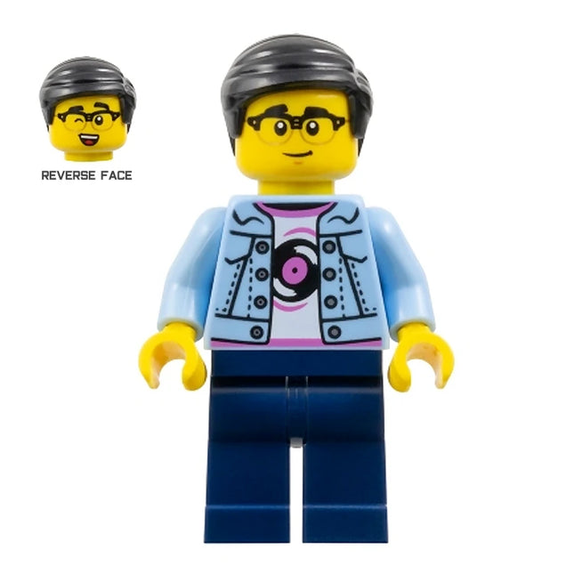 LEGO Minifigure - Male, Blue Denim Jacket over Shirt with Record, Black Hair, Glasses [CITY]