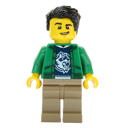 LEGO Minifigure - Male, Ski Shop Clerk, Green Jacket over Raccoon Shirt (2019) [CITY]