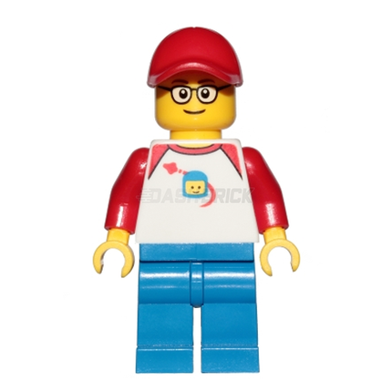 LEGO Minifigure - Classic Space Shirt Guy, Blue Legs, Red Cap (2018) [CITY]