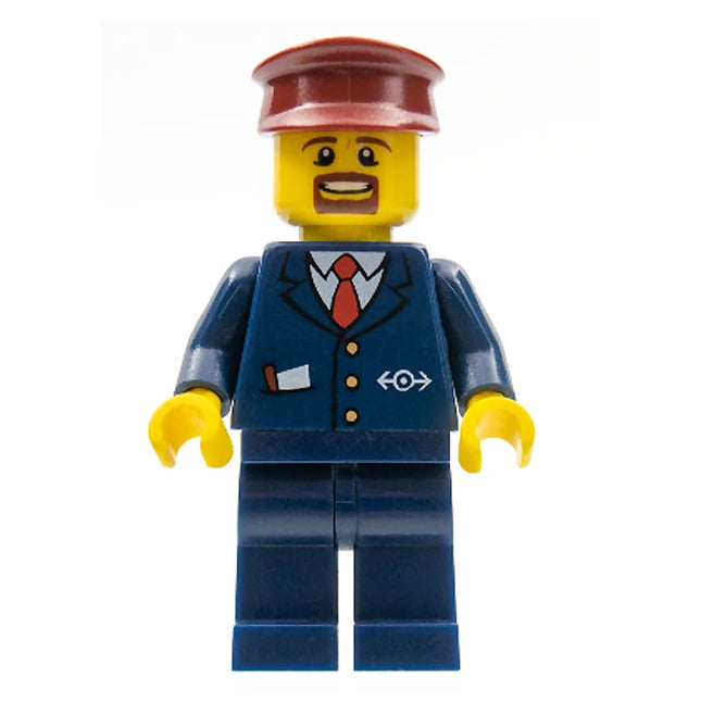 LEGO Minifigure - Male, Train Conductor, Dark Blue Suit with Train Logo, Moustache and Goatee (2014) [CITY]