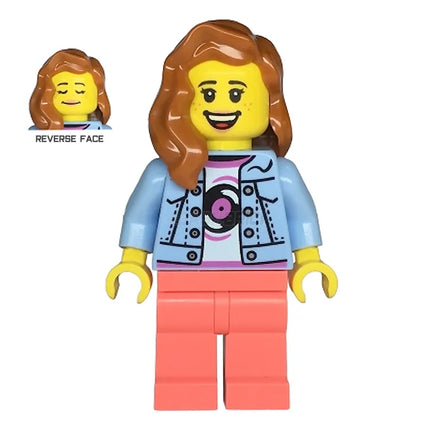 LEGO Minifigure - Female, Denim Jacket, Coral Legs, Long Hair, Freckles (2023)  [CITY]