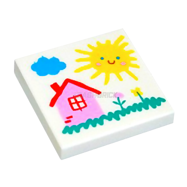 LEGO Minifigure Accessory - Tile, Tile, Kids Drawing, Drawing of Cloud, Sun, House, & Flowers Pattern [3068bpb1882]