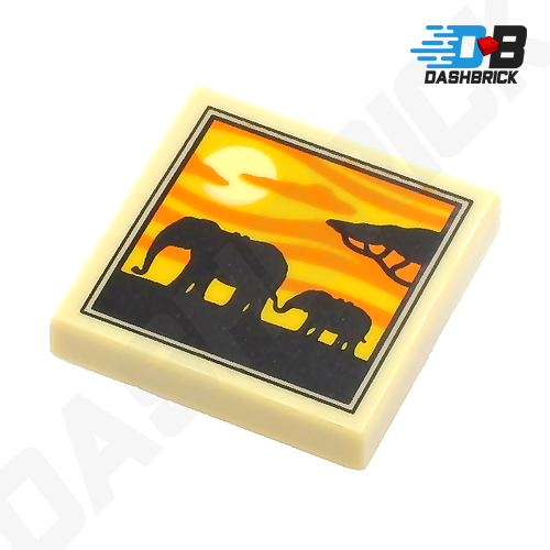 LEGO Minifigure Accessory - Tile, Africa Savannah Painting, 2 Elephants, Tree, Sunset (2 x 2 Tile) [3068bpb1644]