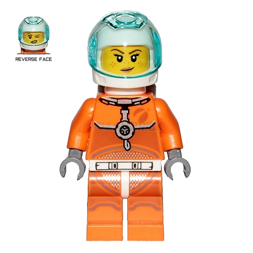 LEGO Minifigure - Astronaut - Female, Orange Spacesuit, Freckles with Smirk (2009) [CITY]