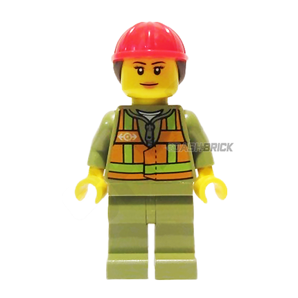 LEGO Minifigure - Train Worker, Female, Orange Safety Vest, Ponytail (2018) [CITY]