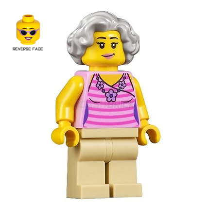 LEGO Minifigure - Female, "Globetrotter", Grey Hair, Pink Flower Top (2022) [CITY]